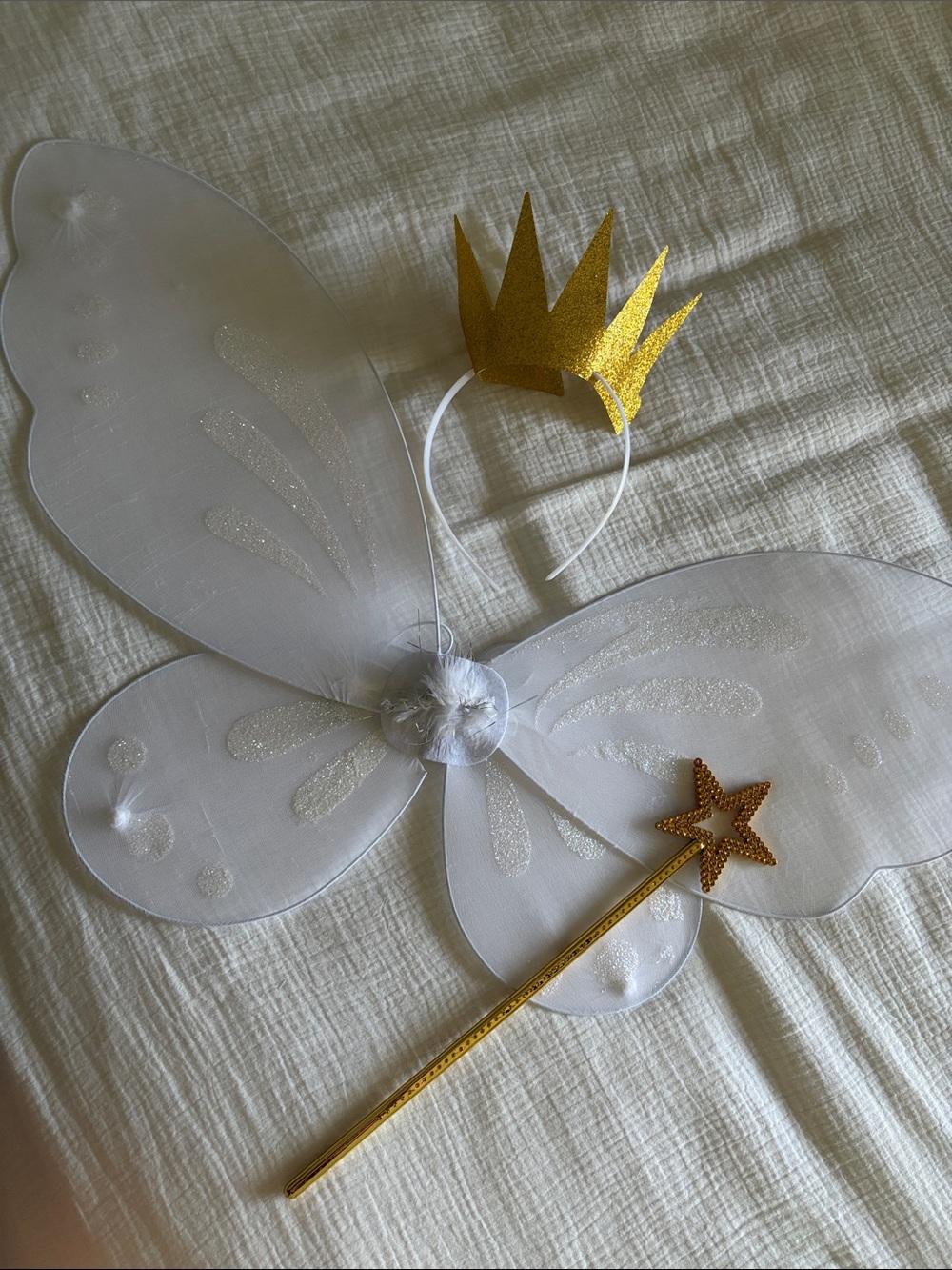Kids Fairy Wings, Gold Crown Headband & Star Wand Set - White and Gold